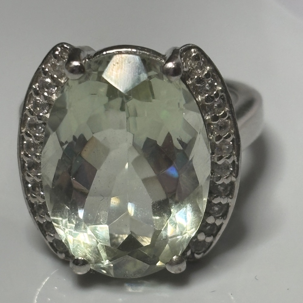 925 Sterling Silver Prasiolite Ring with Diamond Accents SZ 6